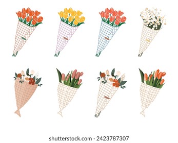 Bouquet mit Tulpen und anderen Blumen. Bouquets von Frühlingsfrischen Blumen in Geschenkpapier verpackt. Blumendekor für Feiertage. Handgezeichnet. Vektorbouquets. Farbige einzelne Illustration