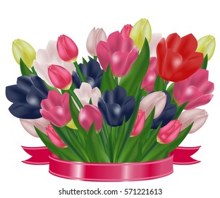 Bouquet of tulips with a pink ribbon. Festive spring flowers. Holiday symbol. Vector illustration.