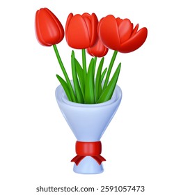 Bouquet of tulips with red buds and ribbon in realistic 3d style. Bright botanical composition for gift or holidays. Vector modern illustration.