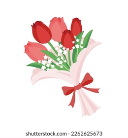 Bouquet of tulips in red and coral color with small white flowers. It is tied together with pretty ribbon.