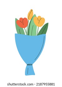 Bouquet of tulips. Red and yellow flowers in package. Romantic gift for March 8th or St. Valentines Day. Surprise and present. Symbol of spring and summer season. Cartoon flat vector illustration