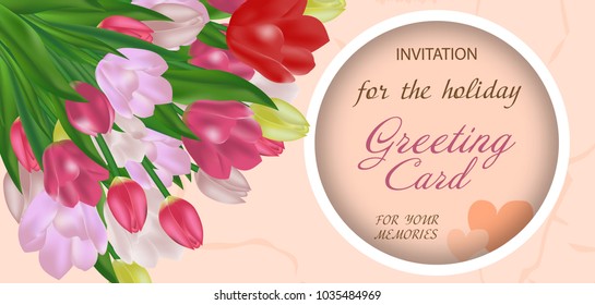 Bouquet tulips  with round free space for text. Greeting card with flowers. Vector illustration.