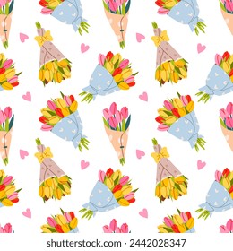 Bouquet with tulips seamless pattern. Floral print. Wrapping paper design for mother's day, women's day and birthday