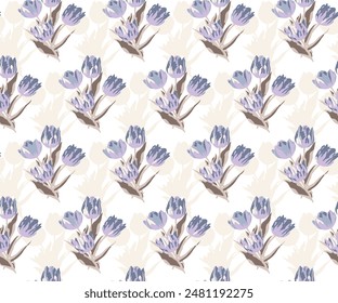 Ramo de tulipanes. Patrón sin costuras. Imagen sobre un fondo blanco y coloreado. Patrón sin fisuras con flores de tulipanes morados sobre fondo blanco, 