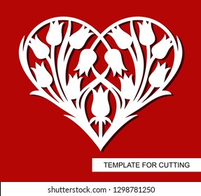 Bouquet of tulips in the shape of a heart. Decoration or gift for Valentine's Day. Floral pattern. Template for laser cut, wood carving, paper cutting and printing. Vector illustration.