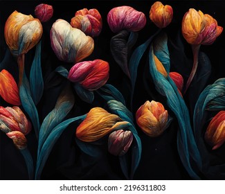 A bouquet of tulips of various colour on a black background. Elegant digital illustration. 