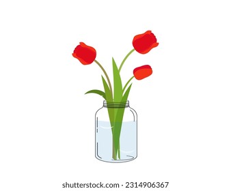 Bouquet of tulips in a vase (bank). Interior. Vector icon