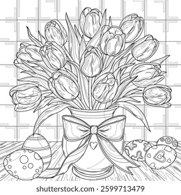 Bouquet of tulips in a vase and Easter eggs.Happy Easter .Coloring book antistress for children and adults. Illustration isolated on white background. Hand draw