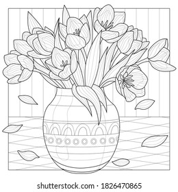 
Bouquet of tulips in a vase.
Flowers.Coloring book antistress for children and adults. Illustration isolated on white background.Black and white drawing.Zen-tangle style.