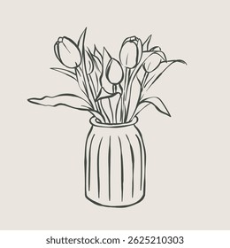 Bouquet of tulips in a vase in the Italian style coquette drawn in line