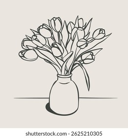 Bouquet of tulips in a vase in the Italian style coquette drawn in line