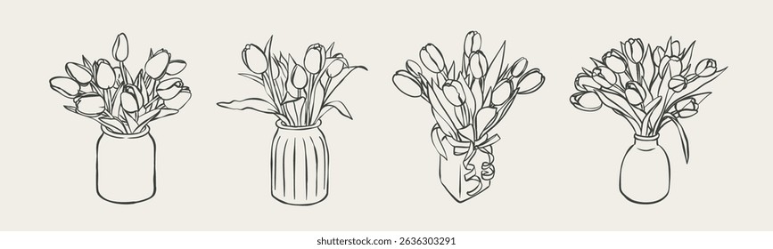 Bouquet of tulips in a vase in the Italian style coquette drawn in line