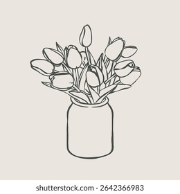 Bouquet of tulips in a vase in the Italian style coquette drawn in line