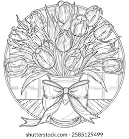 Bouquet of tulips in a vase on the table in a round frame .Coloring book antistress for children and adults. Illustration isolated on white background.Zen-tangle style. Hand draw