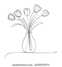 Bouquet Tulips in a vase one line art drawing. Minimalist vector isolated on white background. Perfect for print, wall decor, phone case, shirt, sticker, pillow, acrylic, border, wallpaper.