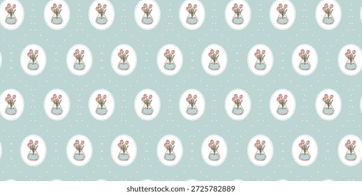 Ramo de tulipanes en florero sin patrón sobre fondo azul para impresiones textiles, Fondos de pantalla, fondos, papelería, scrapbooking, etc. EPS 10