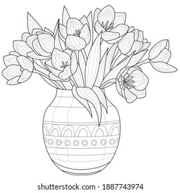 Bouquet of tulips in a vase.Flowers.
Coloring book antistress for children and adults. Illustration isolated on white background.Zen-tangle style. Black and white drawing