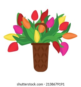 Bouquet of tulips in a wicker basket, colorful spring flowers for a holiday card vector illustration