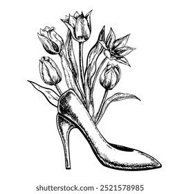 A bouquet of tulips in a woman's high-heeled shoe. A black and white vector graphic illustration made by hand. A design element of a Women's Day postcard. Highlighted on a white background.