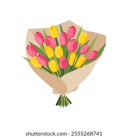 Bouquet of tulips wrapped in paper. Vector floral illustration