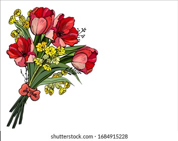 
Bouquet of tulips and yellow flowers.Summer bouquet set isolated, woman flowers gift.