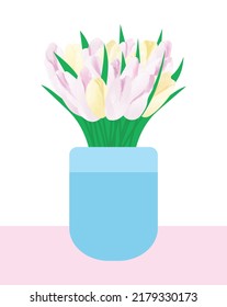 Bouquet of tulips, yellow and rose tulips in the vase. Group of spring fresh colored flowers. Holiday floral vector decor, isolated illustration.