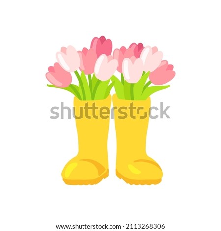 Bouquet of tulips in yellow rubber boots. Cartoon spring flowers composition. Flat style isolated vector illustration