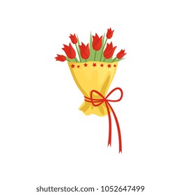 Bouquet of tulips in yellow wrap with red ribbon. Beautiful spring flowers. Colorful graphic element for greeting card. Flat vector icon