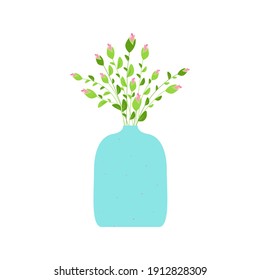 bouquet of unblown roses in a blue vase. Minimalistic isolated image for design of postcards, mailing lists, clothing prints. Vector illustration. Hand-drawn style