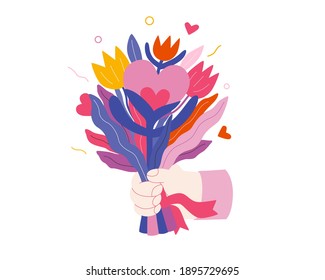Bouquet - Valentines day graphics. Modern flat vector concept illustration - a hand holding a bunch of flowers with growing hearts. Cute characters in love concept