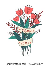 Bouquet Valentines Day style doodling, flowers and ribbon hand-drawing. Postcard, background, backdrop, congratulations. Isolated, white background.