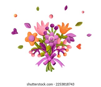 Bouquet of various flowers, plasticine leaves. Plasticine clay 3D illustration isolated on white background, cute dough shape.