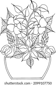 bouquet in a vase. Flowers. Anti-stress coloring book for kids. Hand-drawn doodle bouquet of various flowers, including roses and dahlias. on a white background