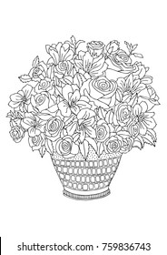 Bouquet in vase. Hand drawn picture. Sketch for anti-stress adult coloring book in zen-tangle style. Vector illustration for coloring page.