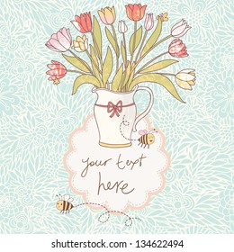 Bouquet in vase Ã¢Â?Â? nice vintage card. Gorgeous wedding invitation. Stylish illustration in vector