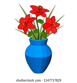 Bouquet in a vase of red flowers, blue pot, flower arrangement, six petals, green grass leaf stem, realistic drawing, light and shadow, white background, isolated object, simple stylized drawing