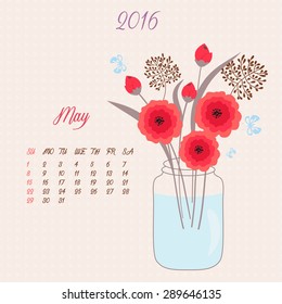 Bouquet in vase - vector floral template of calendar 2016