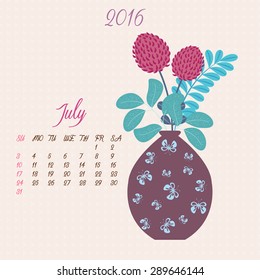 Bouquet in vase - vector floral template of calendar 2016