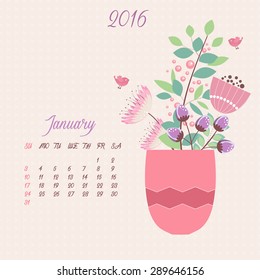 Bouquet in vase - vector floral template of calendar 2016