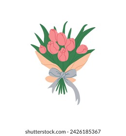 A bouquet of vibrant tulips elegantly ensconced in a delicate wrapper, adorned with a graceful bow. Symbolizing both Mother's Day and International Women's Day, this image embodies the warmth, beauty