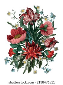 Bouquet  with vintage flowers such as tulip, poppies and chamomiles. Classical vector wallpaper