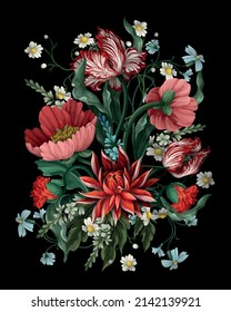 Bouquet  with vintage flowers such as tulip, poppies and chamomiles. Classical vector wallpaper