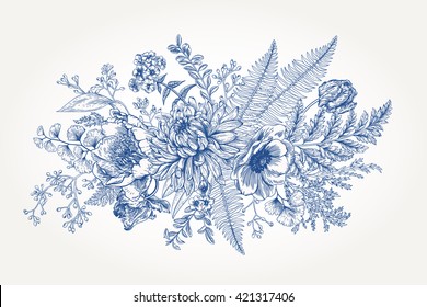 Bouquet with a vintage garden with flowers and leaves. Vector botanical illustration. Chrysanthemum, tulip, peony, anemone, phlox, ferns, boxwood. Design elements. Blue flowers.