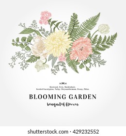 Bouquet with a vintage garden flowers and leaves. Vector botanical illustration. Chrysanthemum, tulip, peony, anemone, ferns, boxwood. Design elements. Pastel colors.