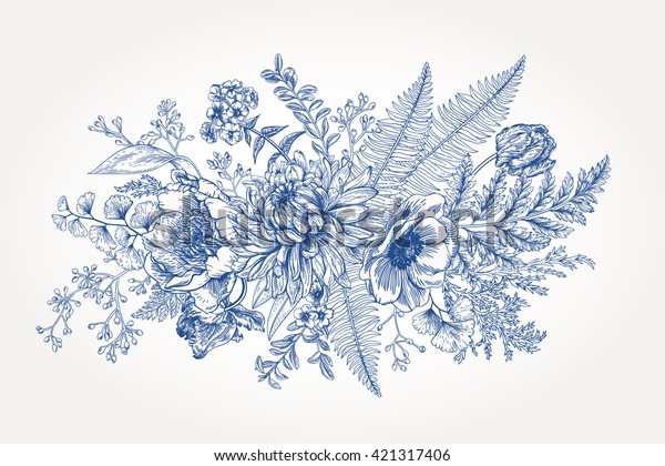 花と葉を持つビンテージガーデンのブーケ ベクター植物イラスト 菊 チューリップ 牡丹 アネモネ フロックス シダ ボックスウッド デザインエレメント 青い花 のベクター画像素材 ロイヤリティフリー