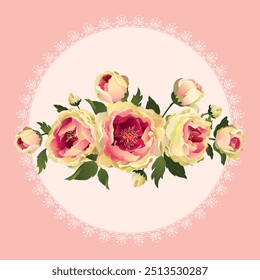 A bouquet of vintage roses, created with rose petals and bud flowers. Luxurious and magnificent flowers. Vector design horizontal bouquet. Spring wedding flowers. Floral banner. Isolated and editable