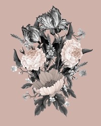 Bouquet With Vintage Roses, Tulips And Ohter Flowers Isolated. Vector