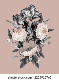 Bouquet with vintage roses, tulips and ohter flowers isolated. Vector