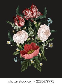 Bouquet with vintage roses, tulips and ohter flowers isolated. Vector