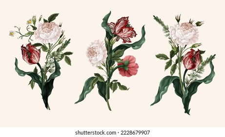 Bouquet with vintage roses, tulips and ohter flowers isolated. Vector